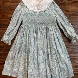 Pepa London Green Floral Smocked Long-Sleeve Dress w/ White Ruffle Collar